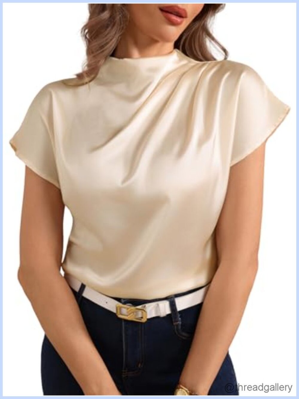 Mock Neck Satin Blouse Short Sleeve Ruched Elegant Shirts